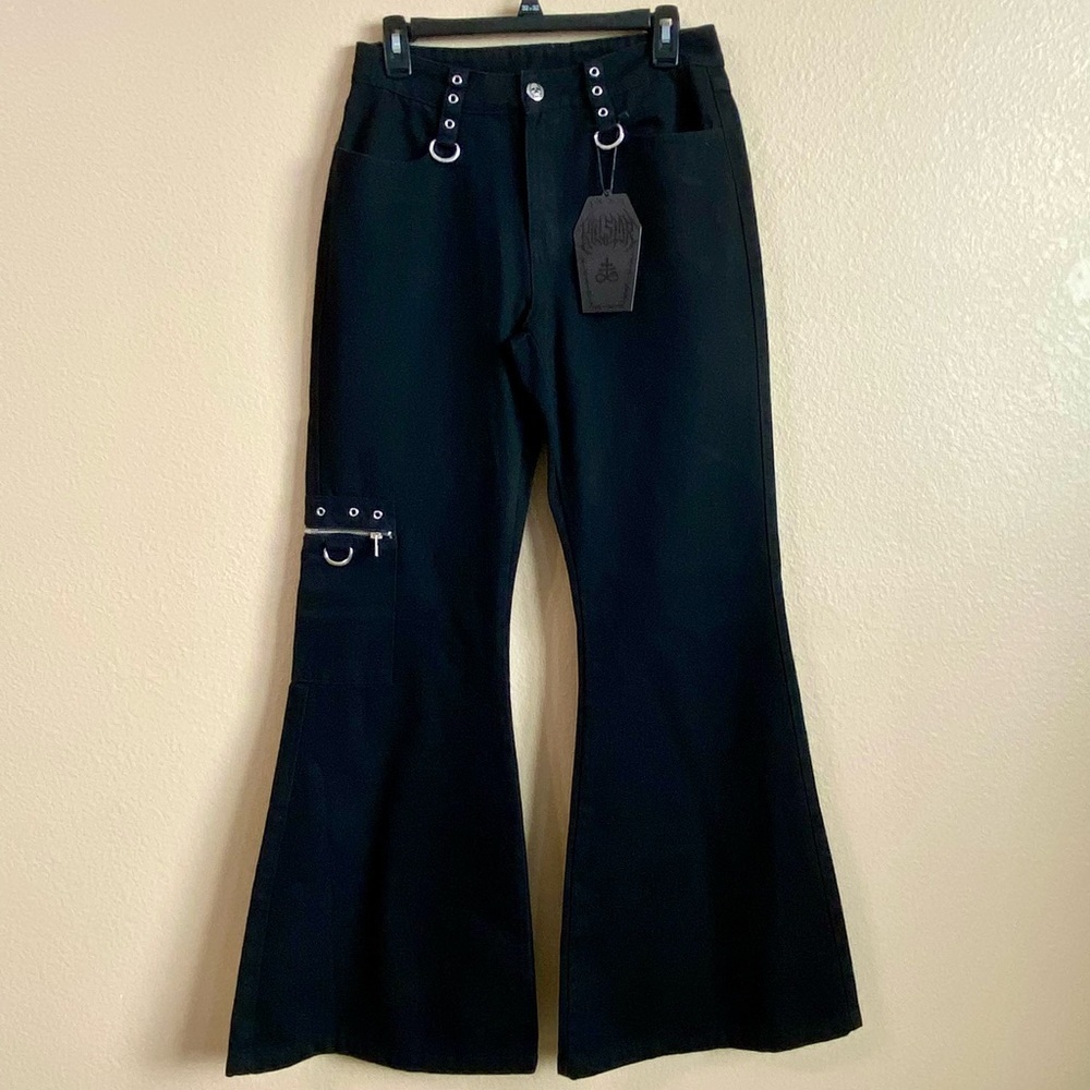 Killstar New Womens Size S 28W Black Time Bomb Flare Leg Denim Trouser Jeans